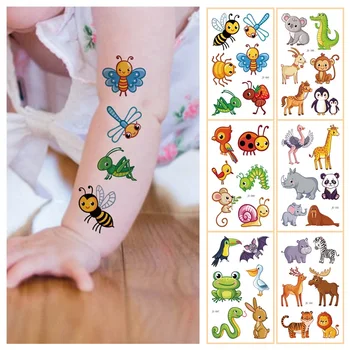 10 видов временных татуировок животных и насекомых для детей, водонепроницаемые одноразовые наклейки, праздничный макияж, Лиса, Собака, Кошка, Пчела