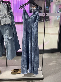 2023 Bazaleas Store Traf женские платья Сексуальное джинсовое платье-комбинация с принтом Миди для вечеринок, женское синее длинное платье на бретелях с открытой спиной, официальное