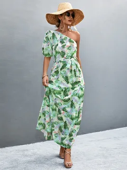 2023 Весеннее женское платье с цветным принтом Элегантный дизайн Повязка с наклонным плечом Летние пляжные наряды Длинные платья C4805