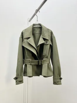 2023 Весенний Новый женский короткий тренч, однотонное пальто с отложным воротником, шикарная элегантная куртка с длинным рукавом, высококачественные винтажные топы для подиума