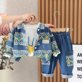 2023, Весенняя Корейская детская одежда для детей, дизайнерские джинсовые куртки с длинными рукавами и принтом + Белые футболки + джинсы, комплекты одежды для мальчиков