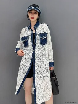 2023 Весна Лето Новый Корейский модный тренд Кружевная джинсовая ветровка большого размера Женский тренч