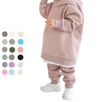 2023, Детская Флисовая зимняя одежда, Однотонная хлопковая толстовка с капюшоном + Брюки, костюм для малышей, Повседневная теплая одежда для мальчиков и девочек