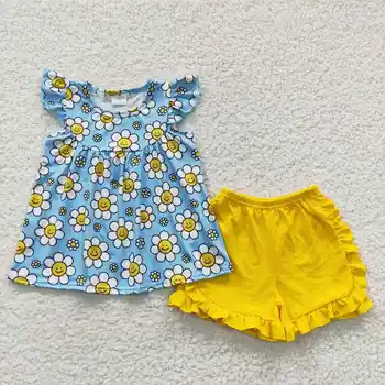 2023 Костюм с шортами для девочек с коротким рукавом, топ с цветочной улыбкой, желтые шорты уникального дизайна, одежда для девочек