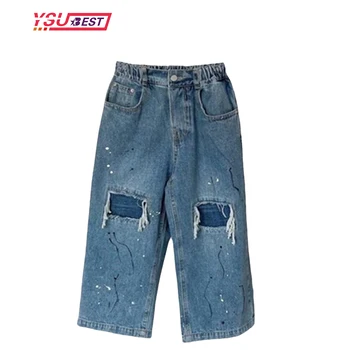 2023 Новые детские джинсы, весенне-осенние повседневные брюки для мальчиков и девочек от 3 до 12 лет, детские джинсы с нашивками, брюки с прямыми джинсами-цилиндрами, детские брюки