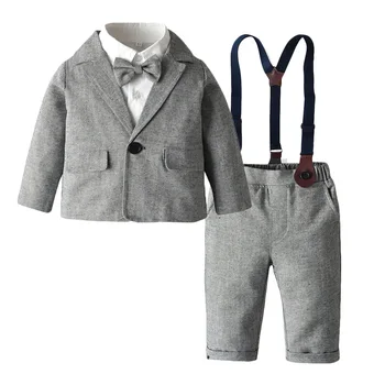 2023 Новый официальный детский серый костюм, пальто, Белая рубашка, брюки на ремешке, платье-тройка для мальчиков