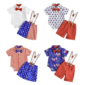 FOCUSNORM День независимости 0-18 м Комплекты джентльменской одежды для маленьких мальчиков из 2 предметов, комбинезон в звездную полоску с коротким рукавом и бабочкой, шорты на подтяжках