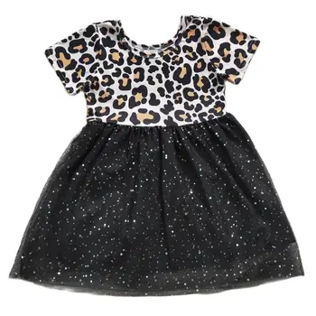 GSD0329 Оптовый бутик детской одежды, одежда для девочек, леопардовый принт, короткий рукав, черное сетчатое платье с пайетками, повседневное платье