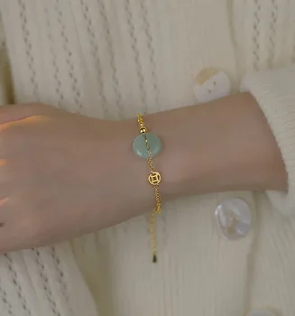 INS Летний классический браслет из нефрита в дворцовом стиле с имитацией нефрита, женский браслет-оберег, на удачу, безопасная медная монета, ювелирный подарок