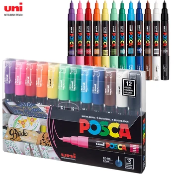 Japan Uni Posca PC-1M 12C Paint Marker Pen, 0,7 мм Сверхтонкие Акриловые Водонепроницаемые Ручки Для Рисования На водной основе, Подарок