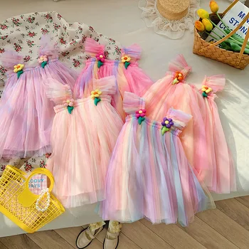Kawaii Радужное сетчатое платье для девочек 2023, летнее новое детское пышное платье с летящими рукавами и цветами, праздничное платье принцессы для дня рождения, 12 М-6 Т