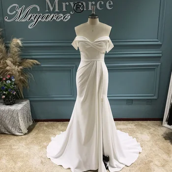 Mryarce Элегантное свадебное платье из эластичного матового крепа с открытыми плечами, свадебное платье с оборками, юбка с разрезом