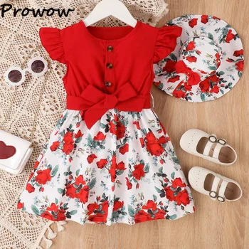Prowow/ детский сарафан для девочек от 4 до 7 лет, платье с поясом и цветочным рисунком в виде красной розы, шляпа от солнца, 2 предмета летней одежды для маленьких девочек
