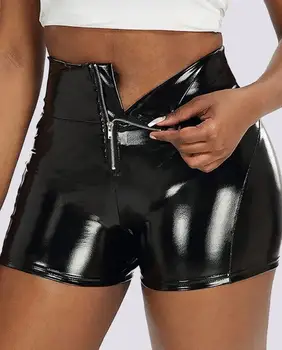 Y2K Женские короткие кожаные брюки 2023 Летние Сексуальные Шорты с высокой талией для горячей девушки из искусственной кожи на молнии, однотонная одежда для вечеринок и баров