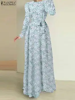 ZANZEA Модные Элегантные длинные халаты, женские вечерние платья с цветочным принтом на талии и круглым вырезом, праздничное женское платье Макси с длинным рукавом