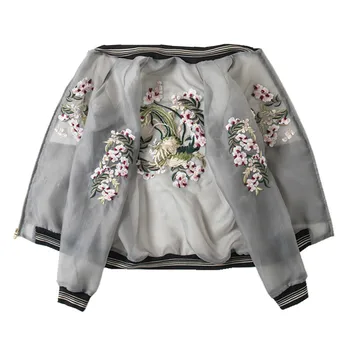 Бейсбольная куртка из органзы с винтажной цветочной вышивкой, Женская Повседневная куртка-бомбер Ropa mujer, Летнее повседневное Тонкое Солнцезащитное пальто