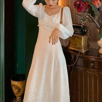 Белое жаккардовое платье с французским квадратным вырезом в стиле ретро, женское платье с длинным рукавом 2023, Весна-осень, Новая Тонкая элегантная юбка с открытой талией.