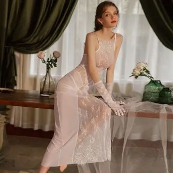 Белое кружевное сетчатое сексуальное платье с имитацией шелка льда, домашняя одежда, тонкое сексуальное милое платье + перчатки без подкладки