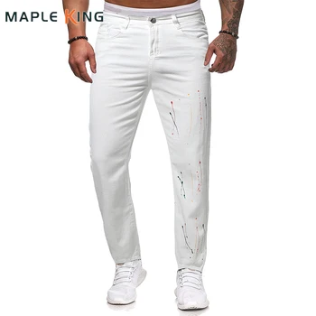 Белые джинсы Мужские прямые брюки 2023 Корейская мода Джинсовые брюки с принтом 