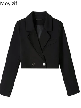Блейзер Moyizif, Укороченный Черный жакет с V-образным вырезом, Элегантная шикарная офисная женская одежда, повседневная верхняя одежда, пальто, Корейская мода, уличная одежда, пальто