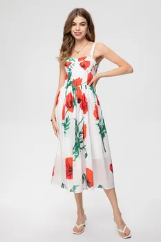 Богемное платье 2023, Летний Модный стиль, Женское платье на бретельках с красными цветочными и зелеными листьями, Повседневное Пляжное платье без рукавов