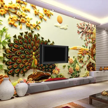 Большая картина beibehang Домашний декор Сливовый павлин рельефные обои 3d фон отеля Современная фреска для гостиной