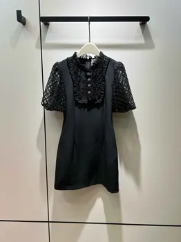 Весенне-летнее классическое черное платье с рукавами-пузырями и платиновыми блестками, короткая юбка, объемное кружево для похудения