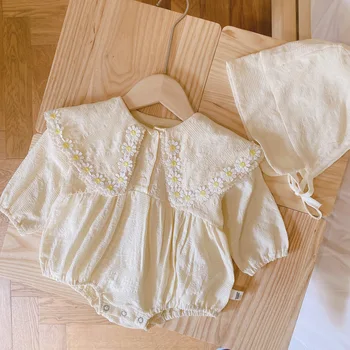 Весенне-осенняя мода, 2 предмета, одежда для маленьких девочек, комбинезон с цветочным рисунком + шляпа, одежда для новорожденных девочек, общая одежда 0-24 м