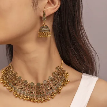 Винтажное золотое полое геометрическое ожерелье, серьги, этнические бусины, свадебные наборы индийских украшений с кисточками для женщин