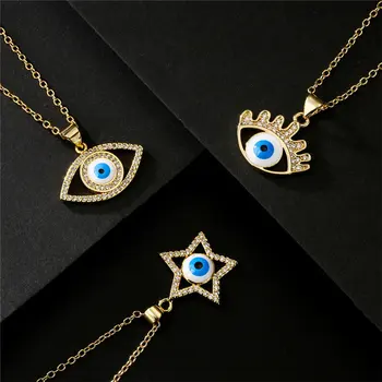 Винтажные ожерелья с подвеской в виде голубого турецкого глаза, колье со звездой из кубического циркония, Ожерелье золотого цвета, Длинная цепочка, Медные украшения в подарок