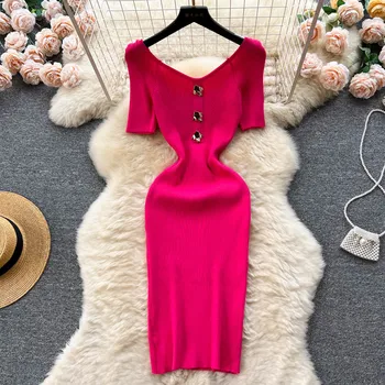 Высококачественное летнее винтажное трикотажное платье Миди для женщин, Туника с V-образным вырезом и рукавами, кружевные платья с высокой талией 111812