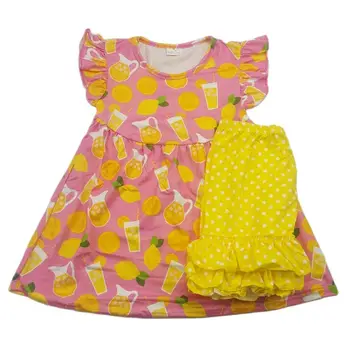 Горячая распродажа Детской дизайнерской одежды Fruits для девочек, расклешенная одежда для девочек, Весенний комплект одежды для милых девочек с принтом Lemeon
