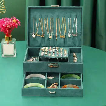 Двухслойная шкатулка для драгоценностей, бархатный органайзер для часов, браслетов, 8 крючков, Зеленый на День Святого Валентина