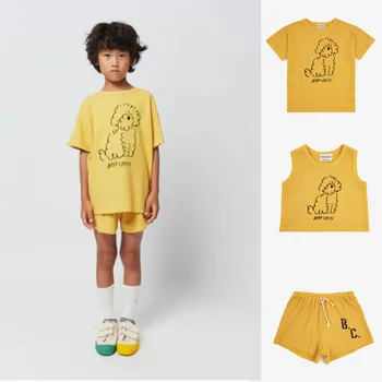 Детская одежда, Футболка и шорты На 2023 год до н.э., Новый летний комплект для мальчиков и девочек с желтым рисунком собаки, детская одежда для подростков