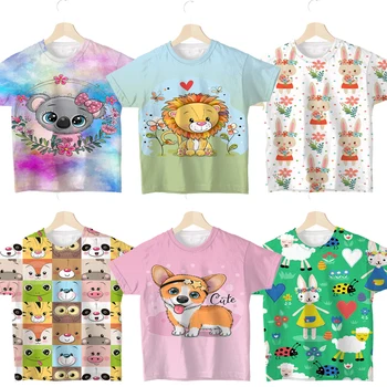 Детские футболки с 3D Принтом Милых Животных для Девочек И мальчиков, Футболки с изображением Панды и Льва, Коалы и Корги, Детские Летние Футболки, Футболка для Малышей