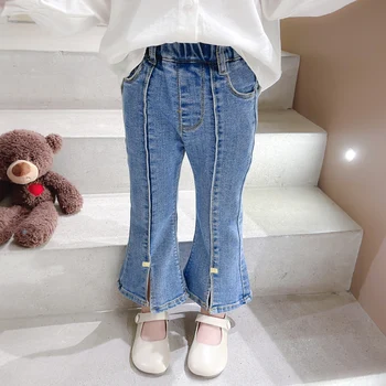 Джинсы для девочек, тренч с высокой талией, узкие джинсовые брюки для девочек, весенне-осенние расклешенные брюки в корейском стиле для детей, для маленьких девочек от 1 до 8 лет