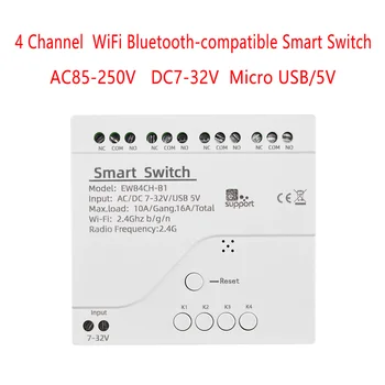 Для eWeLink 4-Канальный WiFi Bluetooth-совместимый Беспроводной Ретранслятор Home Smart Switch APP Дистанционное Голосовое Управление AC85-250V DC7-32V 4CH