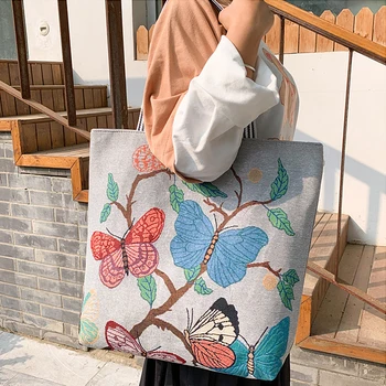 Женская сумка через плечо с вышивкой и принтом красивых цветов Пляжная сумка в богемном стиле, большая вместительная холщовая дорожная сумка для покупок