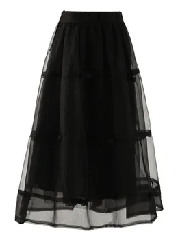 Женская юбка из тонкой сетки с бантом и высокой талией в Корейском стиле, однотонные юбки, Женская одежда, новинка весны 2023 года