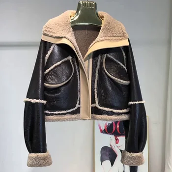 Женские модные куртки-бомберы 2021, осенне-зимняя укороченная куртка из меха ягненка, пальто из натуральной кожи, короткий стиль, Леди S3660