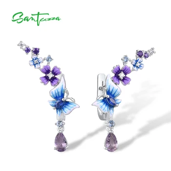 Женские серьги-капли из стерлингового серебра SANTUZZA 925 пробы, сверкающие фиолетово-синие камни, эмаль в виде цветов-бабочек, изысканные ювелирные изделия ручной работы