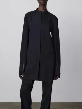 Женский костюм с круглым вырезом, пальто средней длины, осень-зима 2023, Классическая женская куртка на потайных пуговицах с длинным рукавом, верхняя одежда, топ