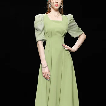 Женское Летнее Винтажное платье с пышными рукавами 2023, Милое Зеленое Плиссированное платье Миди в корейском стиле Robe Femme été