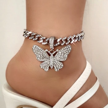 Индивидуальные ножные браслеты с бабочками из хрусталя для женщин, сияющие роскошные, полные страз Кубинские цепи, ножной браслет, ювелирные изделия в стиле хип-хоп