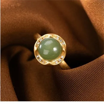 Классическое Кольцо с Нефритовым Бело-зеленым Цветком Для Леди, Аксессуары для указательного пальца, Модное Женское Кольцо из стерлингового серебра 925 пробы, Регулируемый Размер
