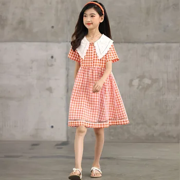 Клетчатое платье для девочек, школьное повседневное Летнее хлопчатобумажное платье в клетку для девочек с воротником, Оранжевое сетчатое платье с коротким рукавом для девочек