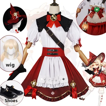 Кли Косплей костюм Игра Genshin Impact Маленькая Ведьма Кли Милое платье со шляпой Парик Обувь для женщин реквизит для карнавала на Хэллоуин