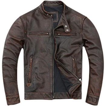 Кожаная куртка из потертой воловьей кожи в стиле ретро, мужская куртка из натуральной кожи, мотоциклетная куртка, молодежное приталенное пальто без подкладки, мода