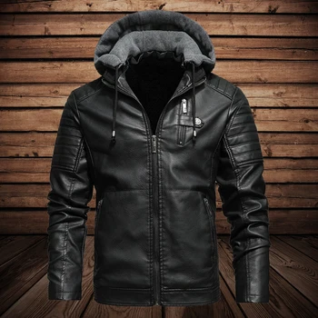 Кожаная куртка Мужская со съемным капюшоном, осень-зима, мужская теплая байкерская куртка с меховой подкладкой, мотоциклетные пальто, мужская модная одежда