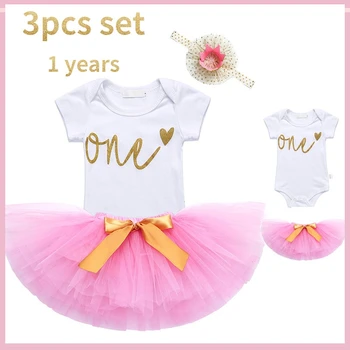 Комплект детской одежды для 1 года, наряд для новорожденной девочки, сетчатая пачка на день рождения для маленькой девочки, комбинезон с короткими рукавами + розовая юбка + повязка на голову